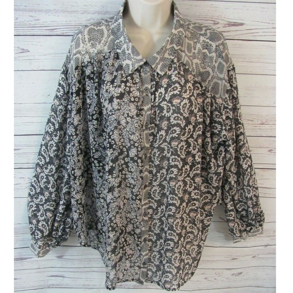 Free People Black and White Printed Button-Up Blouse